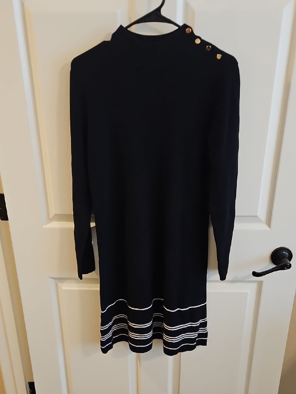 Ann Taylor Factory Black Dress with White Stripes & Gold Buttons